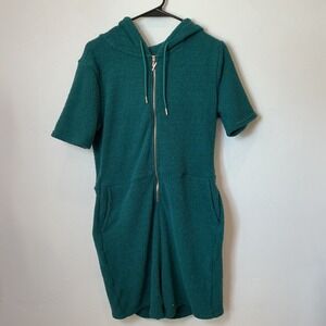 Yitty XL Teal Green Fuzzy Short‎ Sleeve Hooded Romper Jumpsuit Zip Pockets